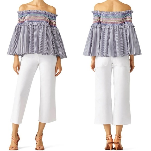 PETERSYN Davenport Smocked Off The Shoulder Striped Smocked Top M Bell Sleeves - Picture 1 of 16